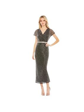 MAC DUGGAL Dress Size 10 Evening Gown Black Midi Beaded NEW Short Sleeve Silver